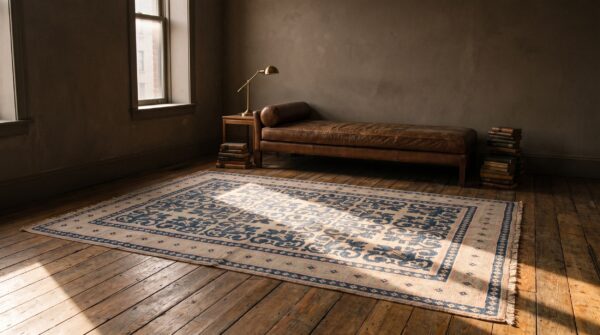 Antique indian white and blue color geometric design cotton agra area rug 5 Antique indian white and blue color geometric design cotton agra area rug (sku 21036) - room view