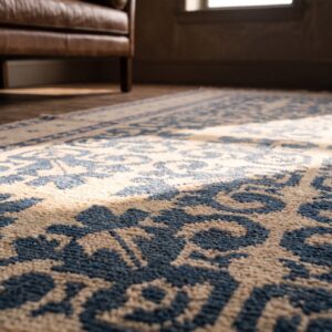 Antique Indian White and Blue Color Geometric Design Cotton Agra Area Rug (SKU 21036) - in-room detail