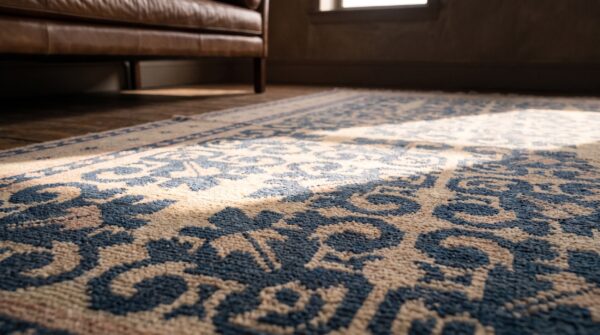 Antique indian white and blue color geometric design cotton agra area rug 6 Antique indian white and blue color geometric design cotton agra area rug (sku 21036) - in-room detail