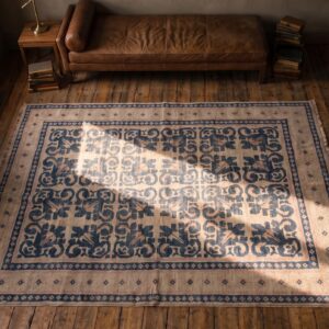 Antique Indian White and Blue Color Geometric Design Cotton Agra Area Rug (SKU 21036) - styled overhead view