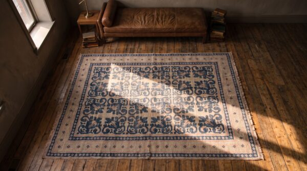 Antique indian white and blue color geometric design cotton agra area rug 2 Antique indian white and blue color geometric design cotton agra area rug (sku 21036) - styled overhead view