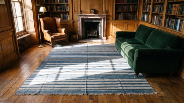 Antique indian white and blue color oversized cotton dhurrie rug 6 Antique indian white and blue color oversized cotton dhurrie rug (sku 21050) - room view