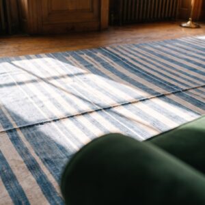 Antique Indian White and Blue Color Oversized Cotton Dhurrie Rug (SKU 21050) - in-room detail