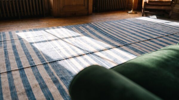 Antique indian white and blue color oversized cotton dhurrie rug 7 Antique indian white and blue color oversized cotton dhurrie rug (sku 21050) - in-room detail