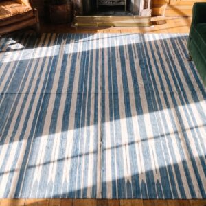 Antique Indian White and Blue Color Oversized Cotton Dhurrie Rug (SKU 21050) - styled overhead view