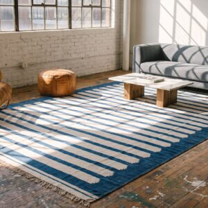 Antique Indian White and Blue Striped Oversized Dhurrie Rug (SKU 21065) - room view