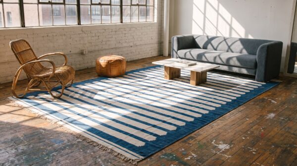 Antique indian white and blue striped oversized dhurrie rug 7 Antique indian white and blue striped oversized dhurrie rug (sku 21065) - room view