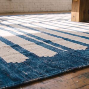 Antique Indian White and Blue Striped Oversized Dhurrie Rug (SKU 21065) - in-room detail