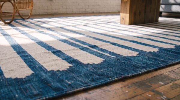 Antique indian white and blue striped oversized dhurrie rug 8 Antique indian white and blue striped oversized dhurrie rug (sku 21065) - in-room detail