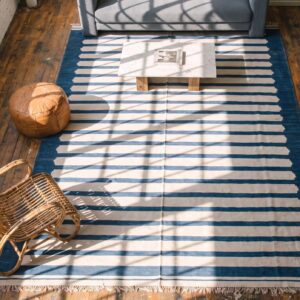 Antique Indian White and Blue Striped Oversized Dhurrie Rug (SKU 21065) - styled overhead view