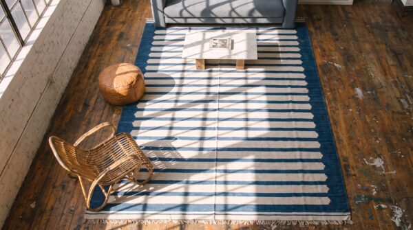 Antique indian white and blue striped oversized dhurrie rug 2 Antique indian white and blue striped oversized dhurrie rug (sku 21065) - styled overhead view