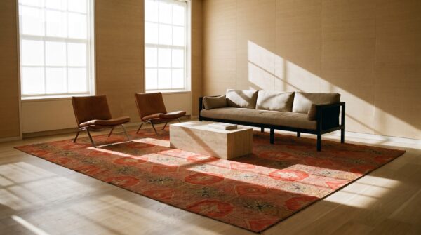 Antique ingrain american flat weave rug - brown earth tone , coral 10 Antique ingrain american flat weave rug - brown earth tone , coral (sku 25558) - room view