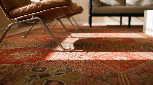 Antique ingrain american flat weave rug - brown earth tone , coral 11 Antique ingrain american flat weave rug - brown earth tone , coral (sku 25558) - in-room detail