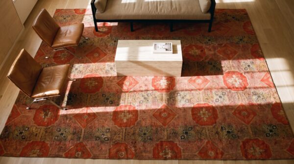 Antique ingrain american flat weave rug - brown earth tone , coral 2 Antique ingrain american flat weave rug - brown earth tone , coral (sku 25558) - styled overhead view
