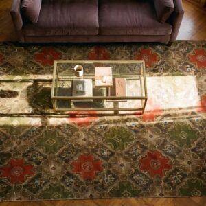 Antique Ingrain American Geometric Knotted Rug (SKU 24474) - styled overhead view
