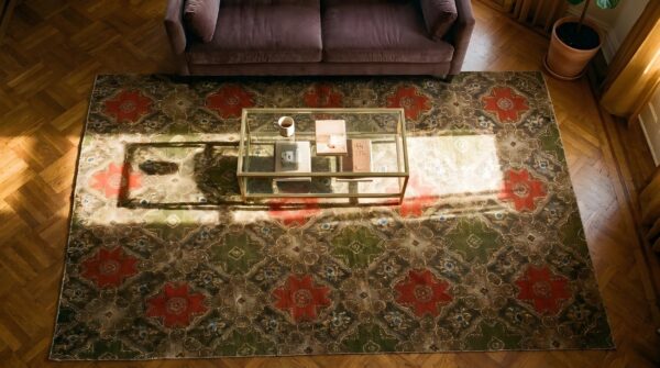 Antique ingrain american geometric knotted rug 2 Antique ingrain american geometric knotted rug (sku 24474) - styled overhead view