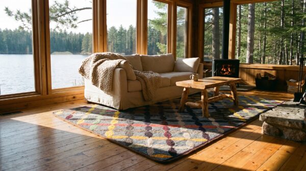 Antique interlocking quilt-like lattice folk art pattern american hooked rug 8 Antique interlocking quilt-like lattice folk art pattern american hooked rug (sku 20527) - room view