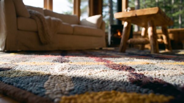 Antique interlocking quilt-like lattice folk art pattern american hooked rug 9 Antique interlocking quilt-like lattice folk art pattern american hooked rug (sku 20527) - in-room detail