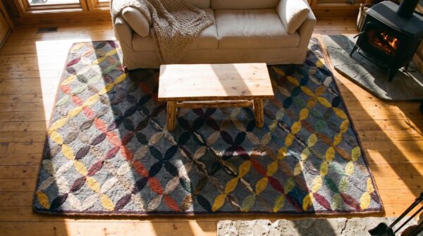 Antique interlocking quilt-like lattice folk art pattern american hooked rug 2 Antique interlocking quilt-like lattice folk art pattern american hooked rug (sku 20527) - styled overhead view