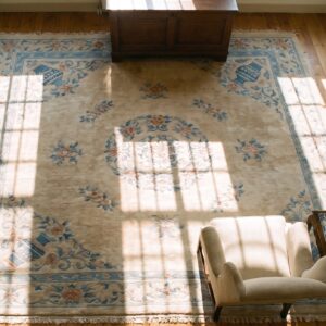 Ivory 1900s Chinese - Peking Knotted Rectangle Antique Wool Room Size Rug (SKU 23389) - styled overhead view