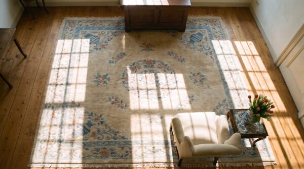 Ivory 1900s chinese - peking knotted rectangle antique wool room size rug 2 Ivory 1900s chinese - peking knotted rectangle antique wool room size rug (sku 23389) - styled overhead view