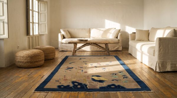 Ivory 1920s rectangle small scatter size wool antique chinese - peking knotted rug (sku 23217) - room view