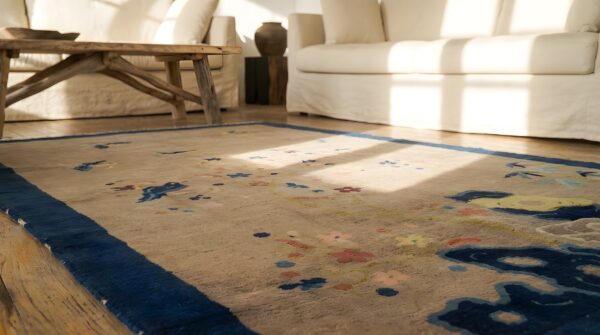 Ivory 1920s rectangle small scatter size wool antique chinese - peking knotted rug (sku 23217) - in-room detail