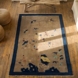 Ivory 1920s Rectangle Small Scatter Size Wool Antique Chinese - Peking Knotted Rug (SKU 23217) - styled overhead view