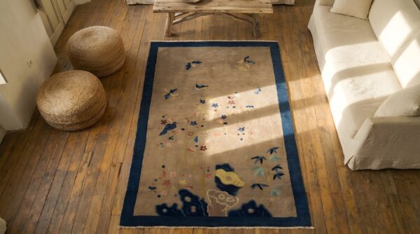 Ivory 1920s rectangle small scatter size wool antique chinese - peking knotted rug (sku 23217) - styled overhead view