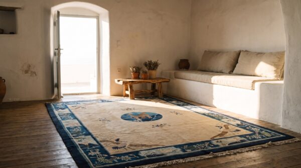 Knotted antique ivory 1920s wool room size chinese - peking rectangle rug 9 Knotted antique ivory 1920s wool room size chinese - peking rectangle rug (sku 23159) - room view