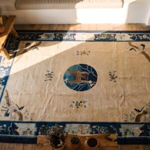 Knotted Antique Ivory 1920s Wool Room Size Chinese - Peking Rectangle Rug (SKU 23159) - styled overhead view