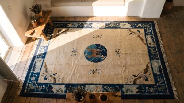 Knotted antique ivory 1920s wool room size chinese - peking rectangle rug 2 Knotted antique ivory 1920s wool room size chinese - peking rectangle rug (sku 23159) - styled overhead view