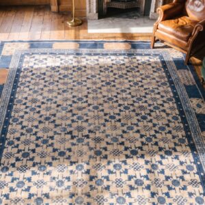 Ivory All Over Design Antique Early 19th Century Room Size Chinese Ningxia Rug (SKU 20993) - styled overhead view