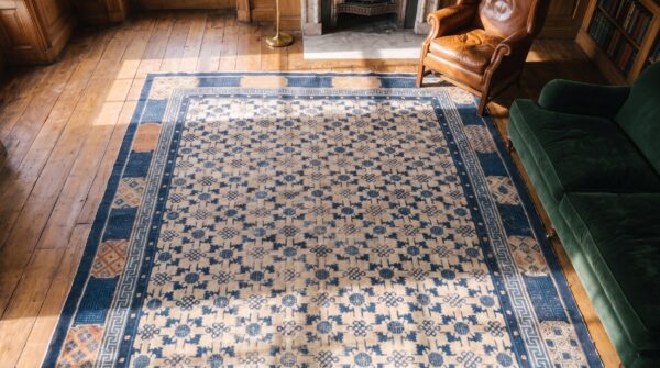 Ivory all over design antique early 19th century room size chinese ningxia rug 2 Ivory all over design antique early 19th century room size chinese ningxia rug (sku 20993) - styled overhead view