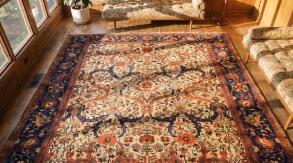 Ivory antique allover design persian room size sultanabad rug 2 Ivory antique allover design persian room size sultanabad rug (sku 19334) - styled overhead view