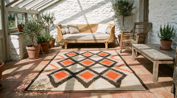 Ivory antique allover geometric tribal native american flat weave navajo rug 7 Ivory antique allover geometric tribal native american flat weave navajo rug (sku 20331) - room view
