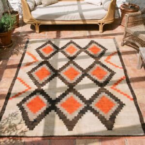 Ivory Antique Allover Geometric Tribal Native American Flat Weave Navajo Rug (SKU 20331) - styled overhead view