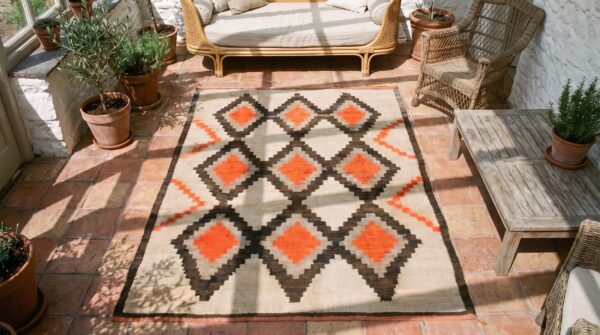 Ivory antique allover geometric tribal native american flat weave navajo rug 2 Ivory antique allover geometric tribal native american flat weave navajo rug (sku 20331) - styled overhead view