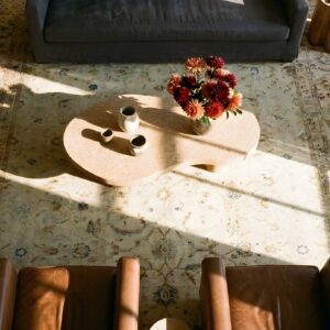 Ivory Allover Antique Persian Tabriz Hand Knotted Room Size Rug (SKU 25146) - styled overhead view