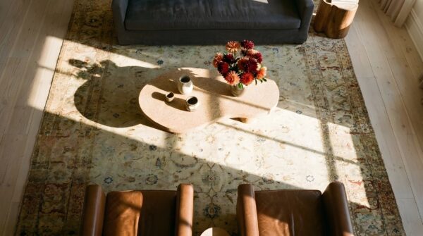 Ivory allover antique persian tabriz hand knotted room size rug 2 Ivory allover antique persian tabriz hand knotted room size rug (sku 25146) - styled overhead view