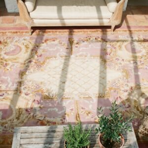 Ivory Antique Allover Trellis Design Oversized French Savonnerie Carpet (SKU 17725) - styled overhead view