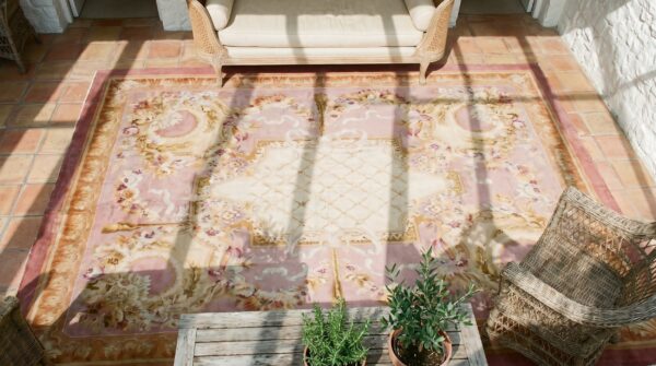 Ivory antique allover trellis design oversized french savonnerie carpet 2 Ivory antique allover trellis design oversized french savonnerie carpet (sku 17725) - styled overhead view
