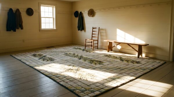 Ivory antique american folk art holly pattern hooked rug 8 Ivory antique american folk art holly pattern hooked rug (sku 25677) - room view