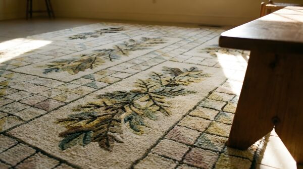Ivory antique american folk art holly pattern hooked rug 9 Ivory antique american folk art holly pattern hooked rug (sku 25677) - in-room detail