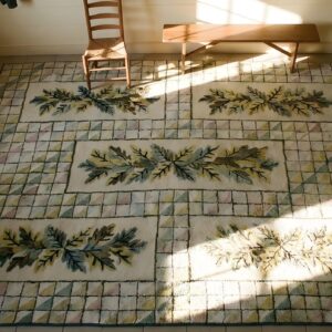 Ivory Antique American Folk Art Holly Pattern Hooked Rug (SKU 25677) - styled overhead view