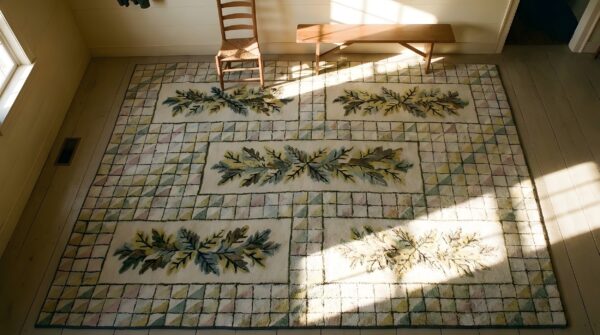 Ivory antique american folk art holly pattern hooked rug 2 Ivory antique american folk art holly pattern hooked rug (sku 25677) - styled overhead view