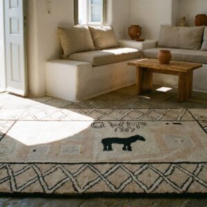 Ivory Antique American Folk Art Hooked Rug: The 1787 Homestead (SKU 17310) - room view