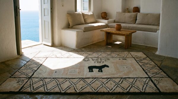 Ivory antique american folk art hooked rug: the 1787 homestead 8 Ivory antique american folk art hooked rug: the 1787 homestead (sku 17310) - room view