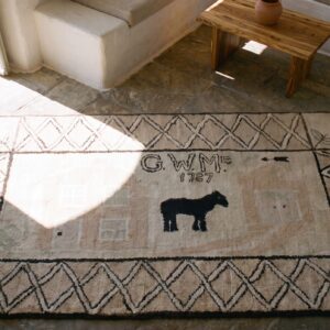 Ivory Antique American Folk Art Hooked Rug: The 1787 Homestead (SKU 17310) - styled overhead view