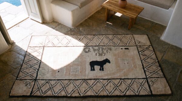 Ivory antique american folk art hooked rug: the 1787 homestead 2 Ivory antique american folk art hooked rug: the 1787 homestead (sku 17310) - styled overhead view